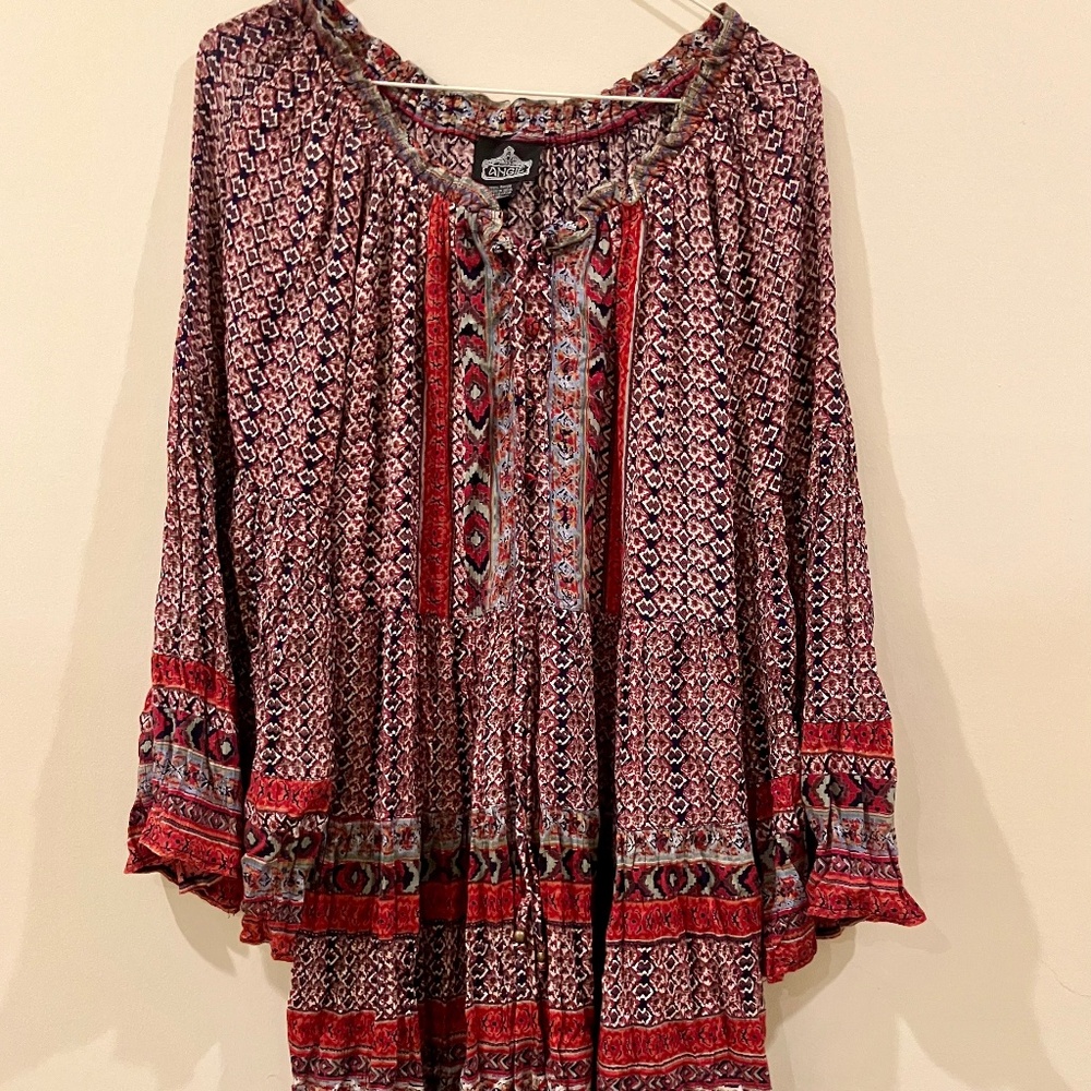 Angie Womens Medium Dress Smocked Bell Sleeve Bohemian Printed Boho Tunic